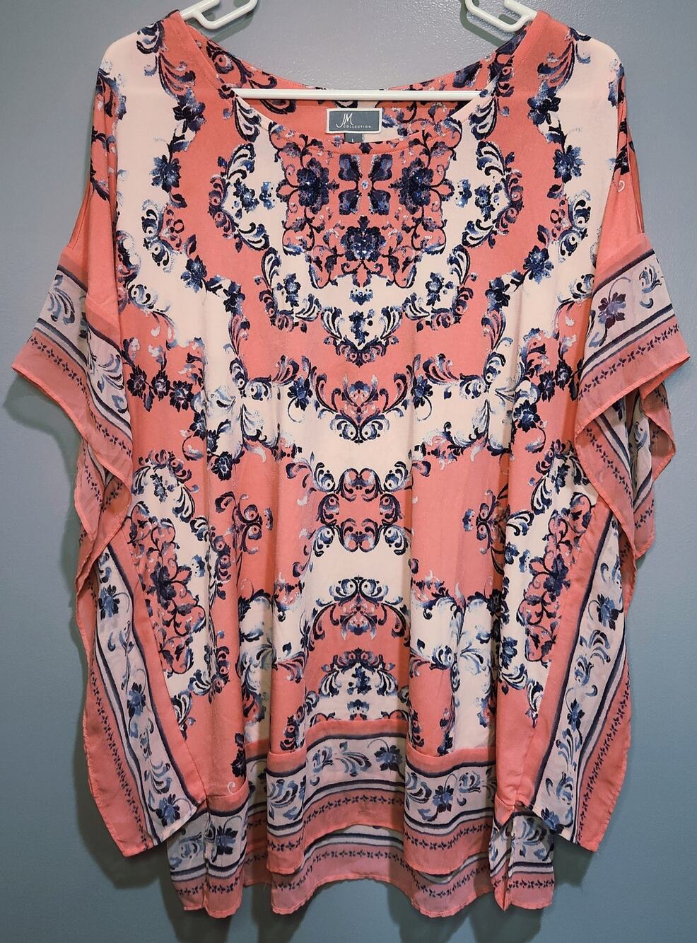 JM Collection Women's Large Blouse Pink Peach Salmon Navy Blue Short Sleeve